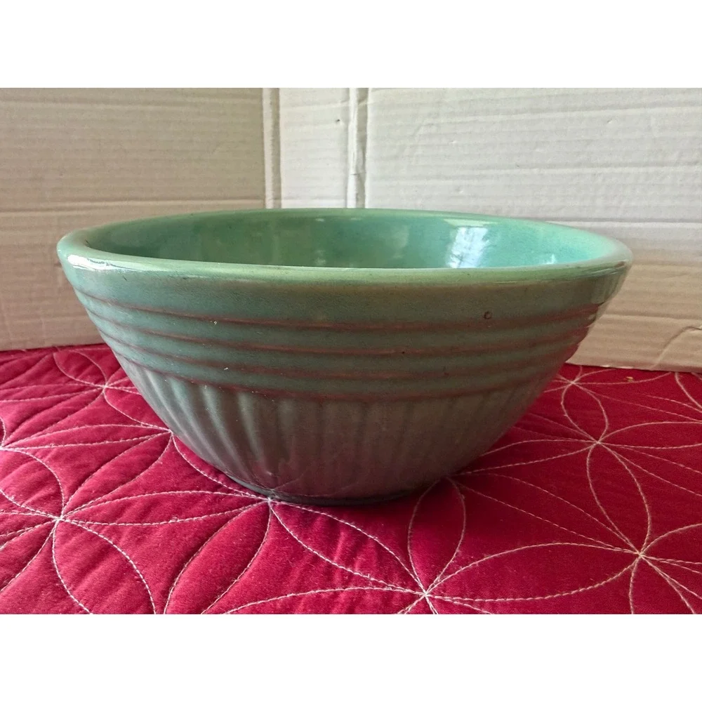 Vintage Teal Green Ribbed Stoneware Mixing Bowl Ceramic Farmhouse Kitchen Decor